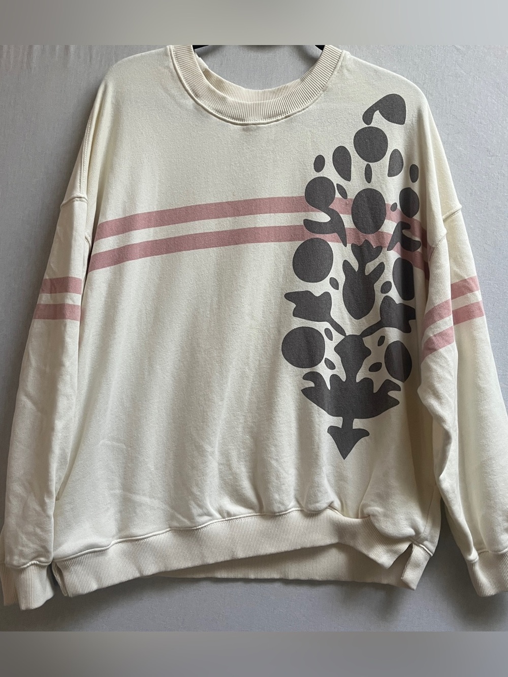 Free People Cream Sweatshirt with Pink Stripes & Gray Graphic